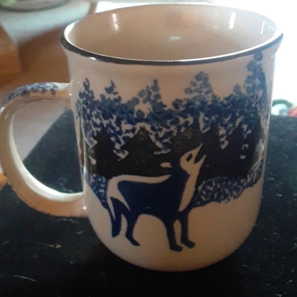 Tien Sham Other - Elegant White and Blue Wolf Mug with Intricate Design Set Of Three